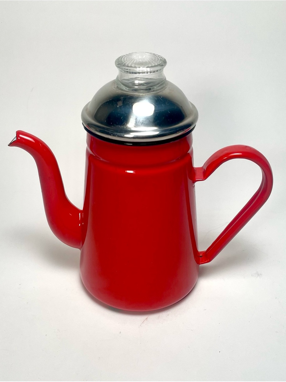 Vintage Red Enamelware Coffee Percolator Pot Glass Knob Top 9" Camp Farmhouse⁠